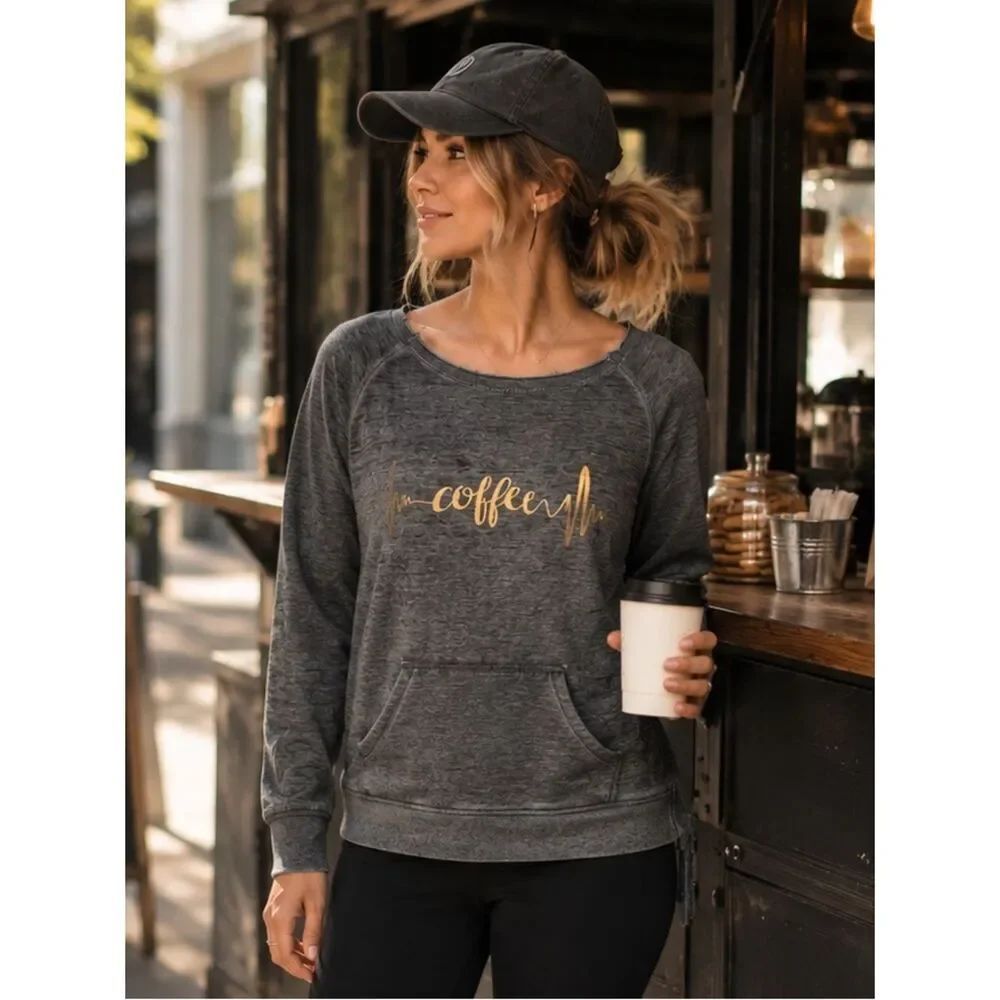 Zobha Heartbeat Metallic Coffee Graphic Gray Women's Sweatshirt Pouch Pocket L